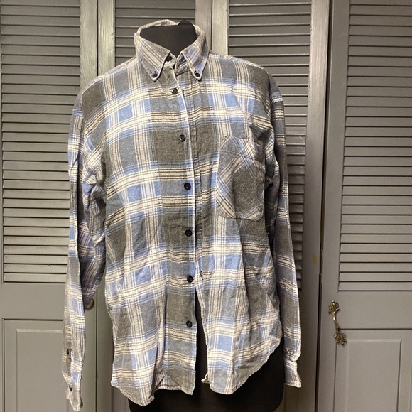 Plaid Flannel Unisex Small Gray/Blue/White - Picture 3 of 5